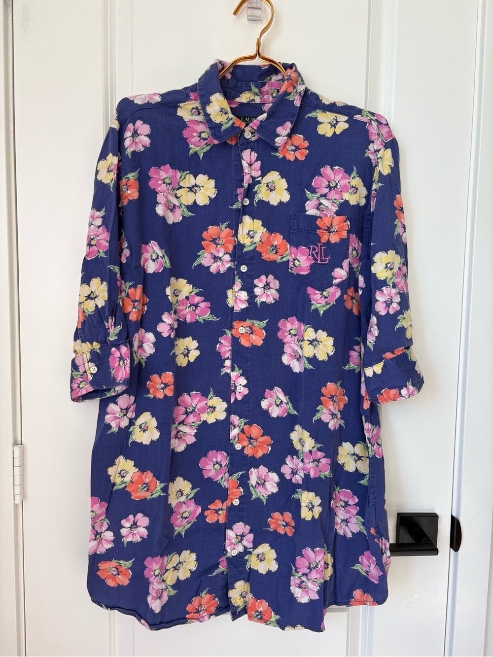 Lauren Ralph Lauren Cotton Blend Navy Floral Button-Down Sleep Shirt, Medium